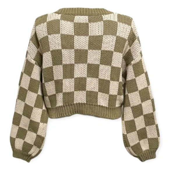 AFTER SCHEX Puff Balloon Sleeve Check Chunky V-Neck Crop Oversized Sweat… - Picture 9 of 12